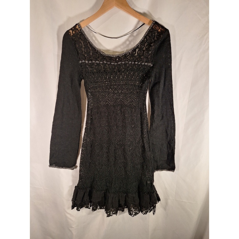 Free People‎ Black Lace Crochet Ruffle Hem Mini Dress Long Sleeve Scoop Neck S